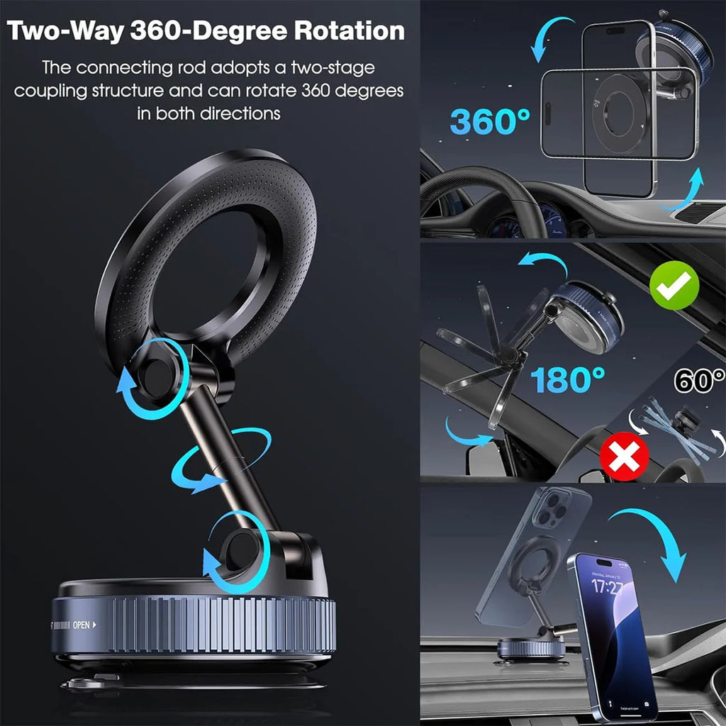 Upgraded Foldable Magnetic Car Phone Holder – N52 Magnet, 360° Rotatable, Dashboard Suction Cup, ABS, with Wrench & Mount Pad