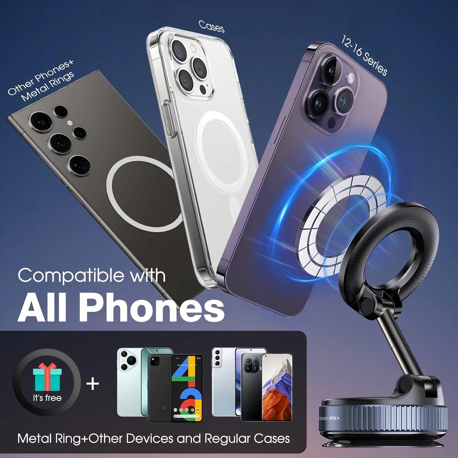Upgraded Foldable Magnetic Car Phone Holder – N52 Magnet, 360° Rotatable, Dashboard Suction Cup, ABS, with Wrench & Mount Pad
