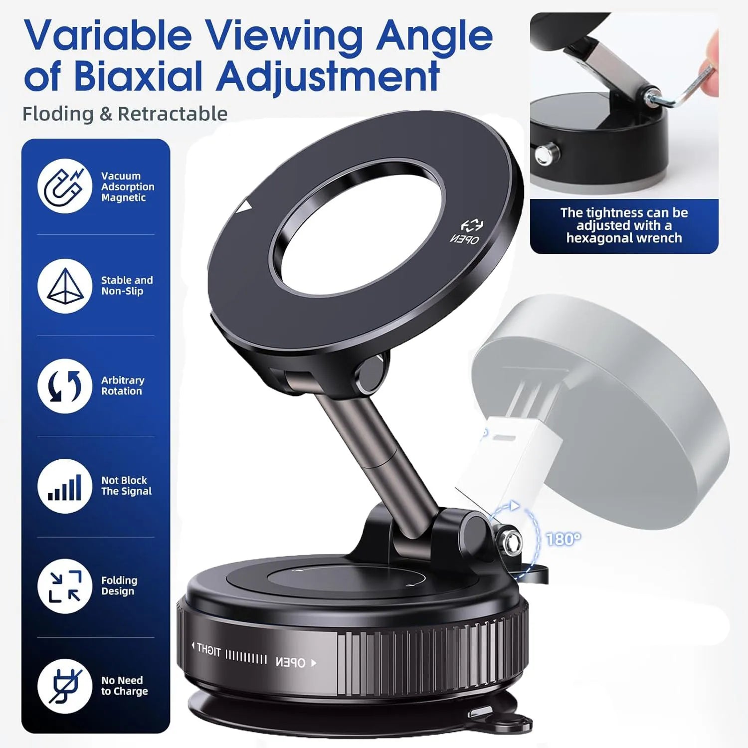 Upgraded Foldable Magnetic Car Phone Holder – N52 Magnet, 360° Rotatable, Dashboard Suction Cup, ABS, with Wrench & Mount Pad