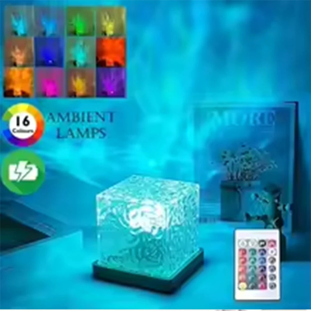 RGB 16-Color Ocean Wave Night Light with Remote — Rechargeable Aurora Projector Lamp